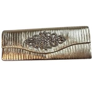 Raj Gold Metallic Pleated Clutch Evening Bag‎ Rhinestone Embellished Chain Strap